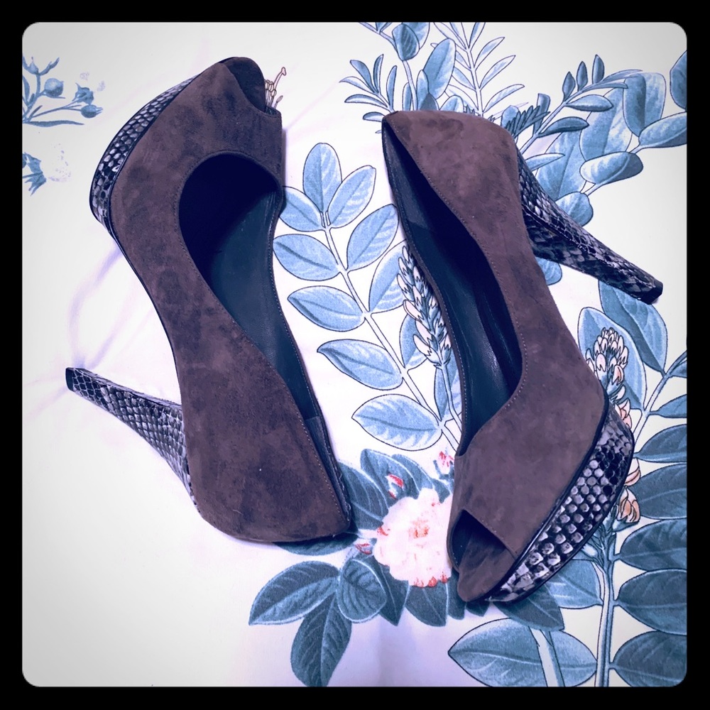BCBGENERATION Peep Toe Snake Print Heels
